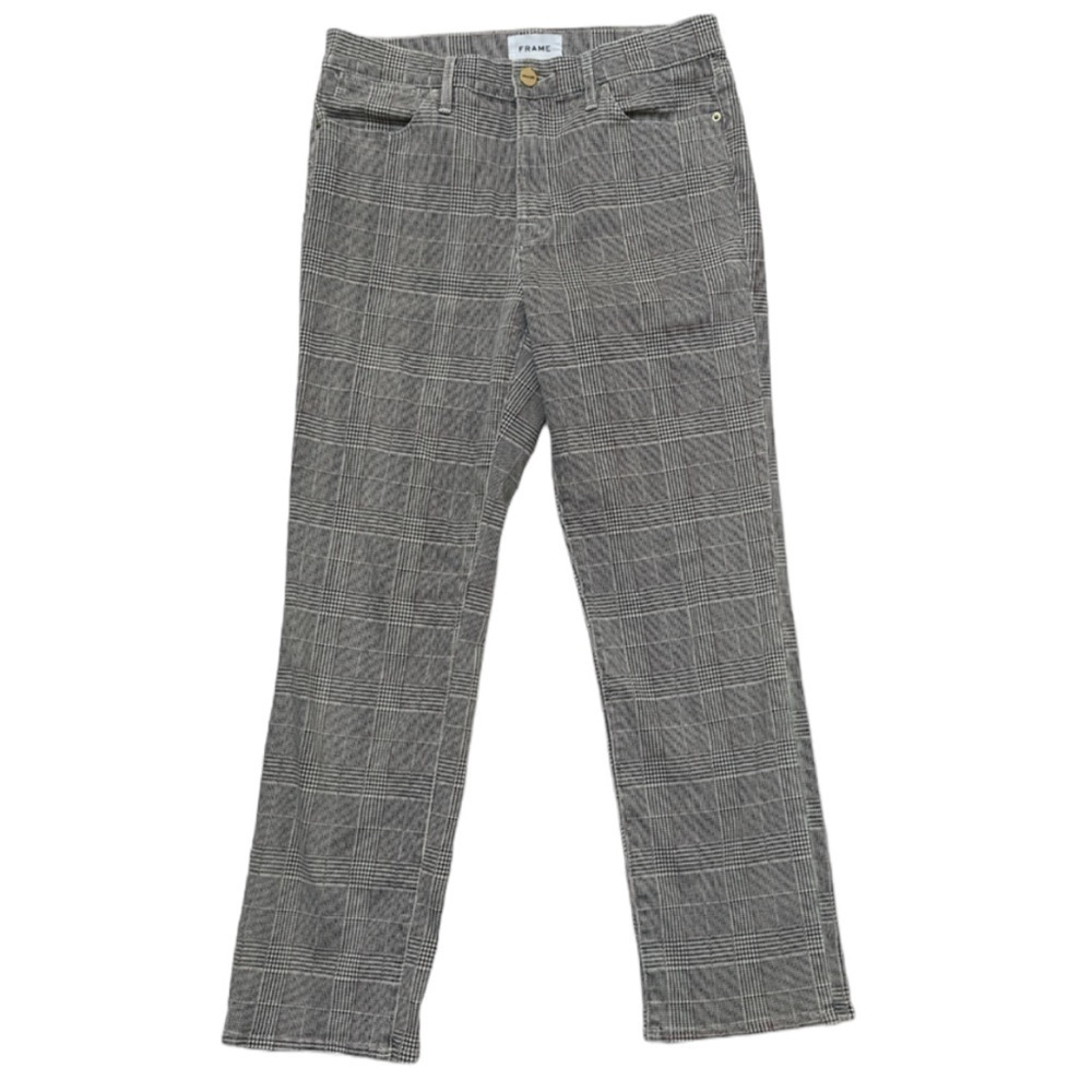 Frame Le High Straight Plaid Herringbone Pattern Pants Trousers Black White Red